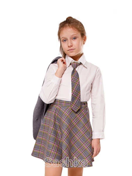 Спідниця для дівчинки Sashka шкільна напівсонце сіро-рожева клітинка (напіввовна), розмір 116-146